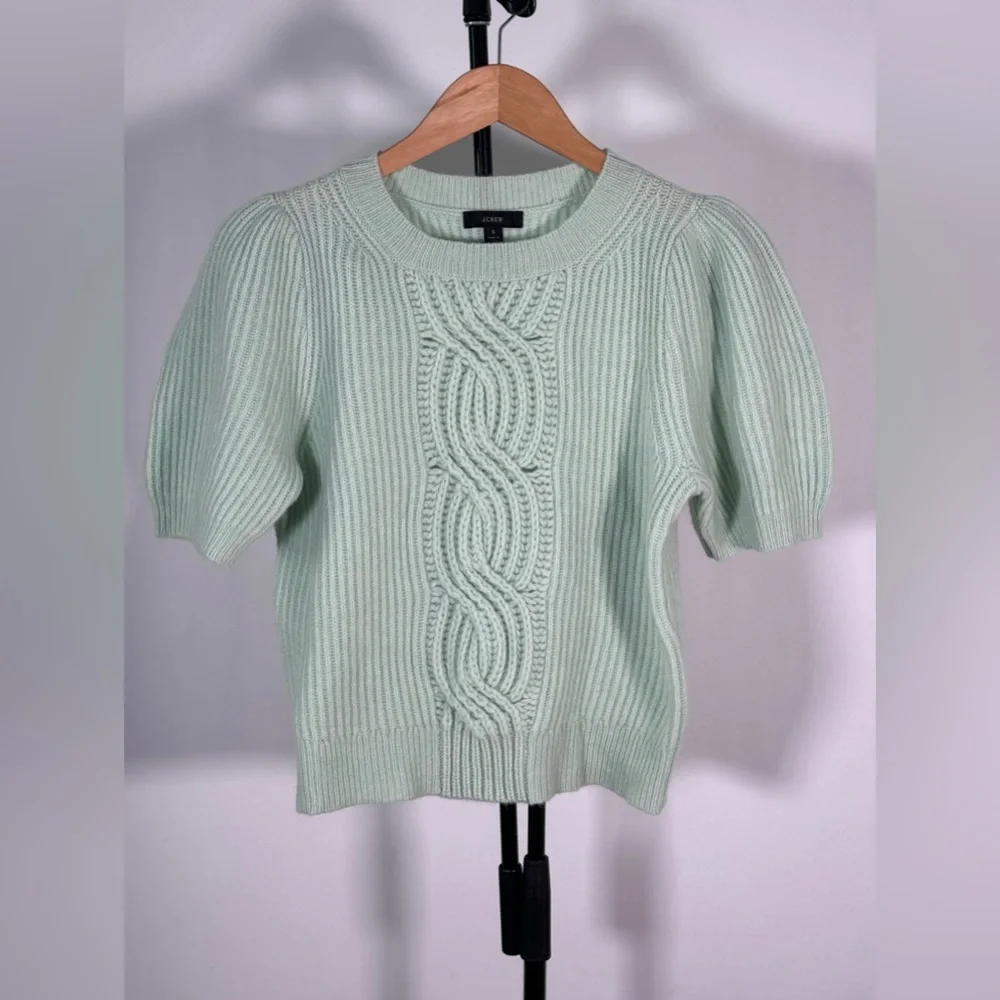 New JCrew Short-sleeve wool-cashmere blend cable-knit crewneck sweater